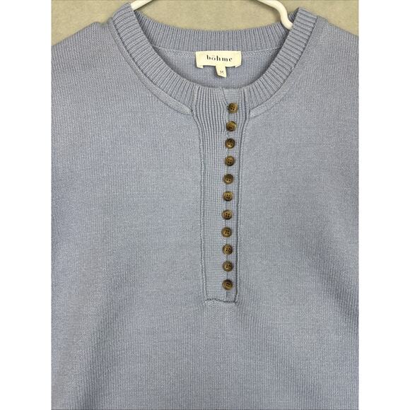 Böhme Sweater Women L Blue Pullover Buttons‎ Short Sleeve Knit Soft Puff Sleeve - Picture 2 of 8